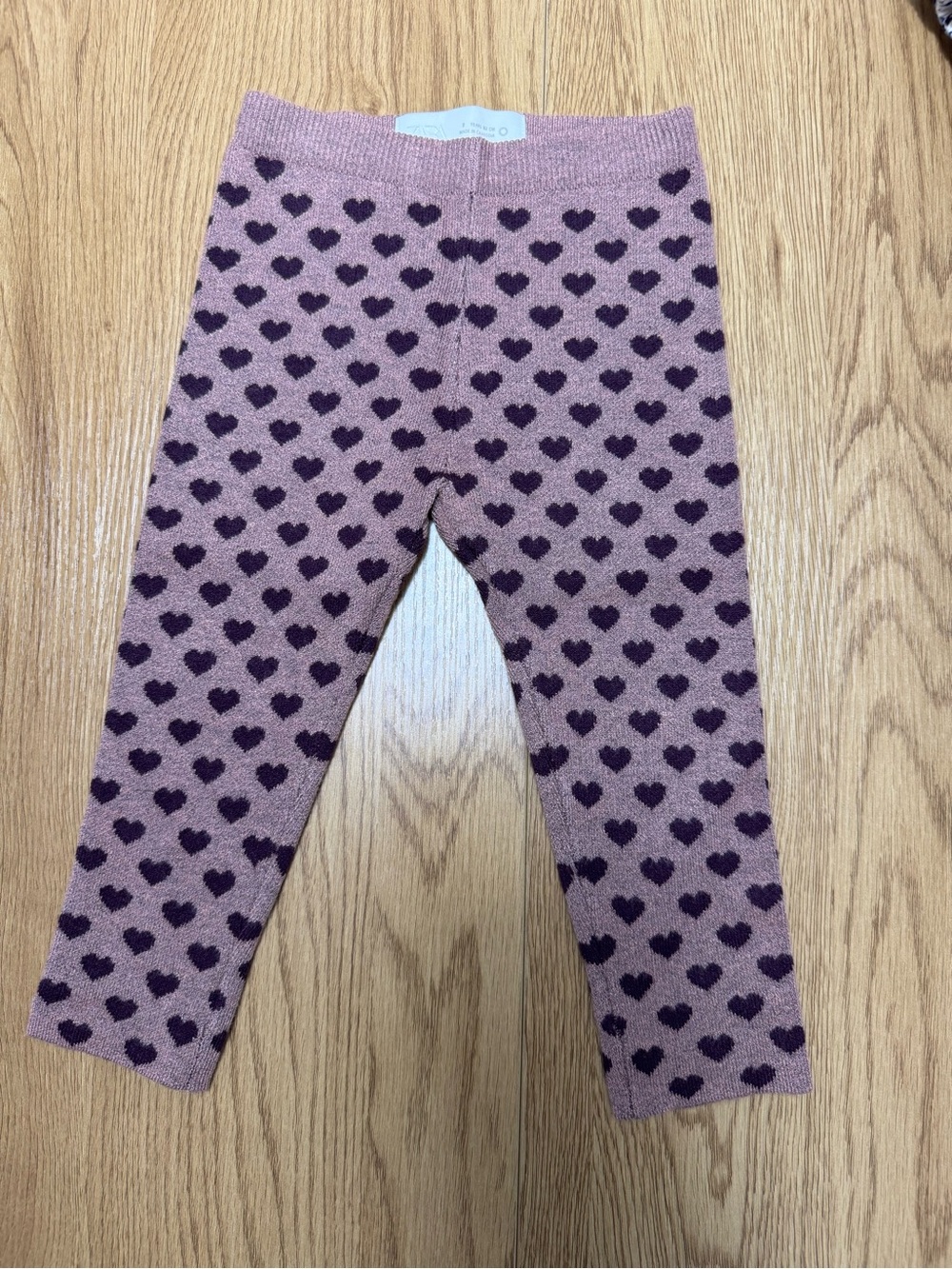 Zara Girls Pink Leggings with Purple Heart Print